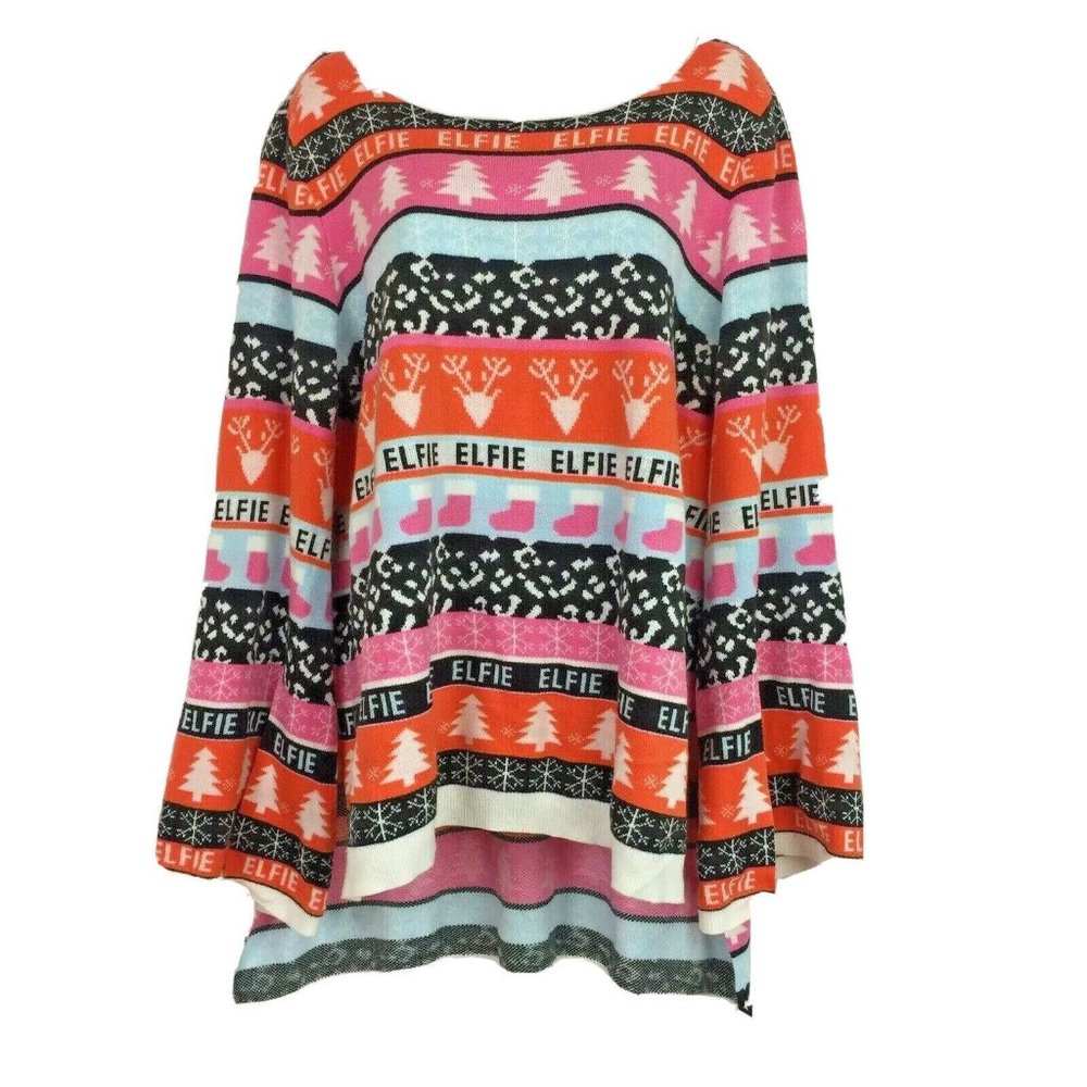 Winter Christmas Sweater ELFIE Hi Low Stripe Split Sleeves Trees Deer Orange XL‎
